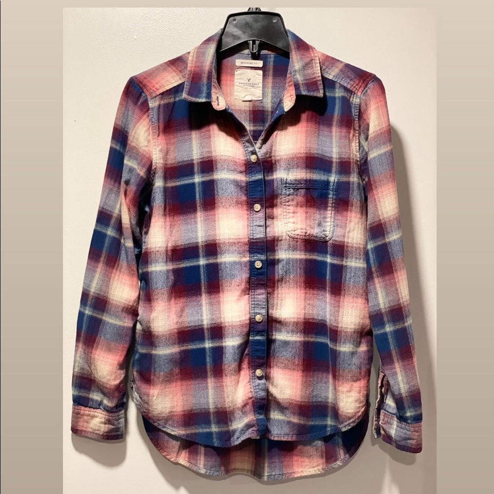 AE boyfriend fit pink, white, and blue cozy flannel shirt